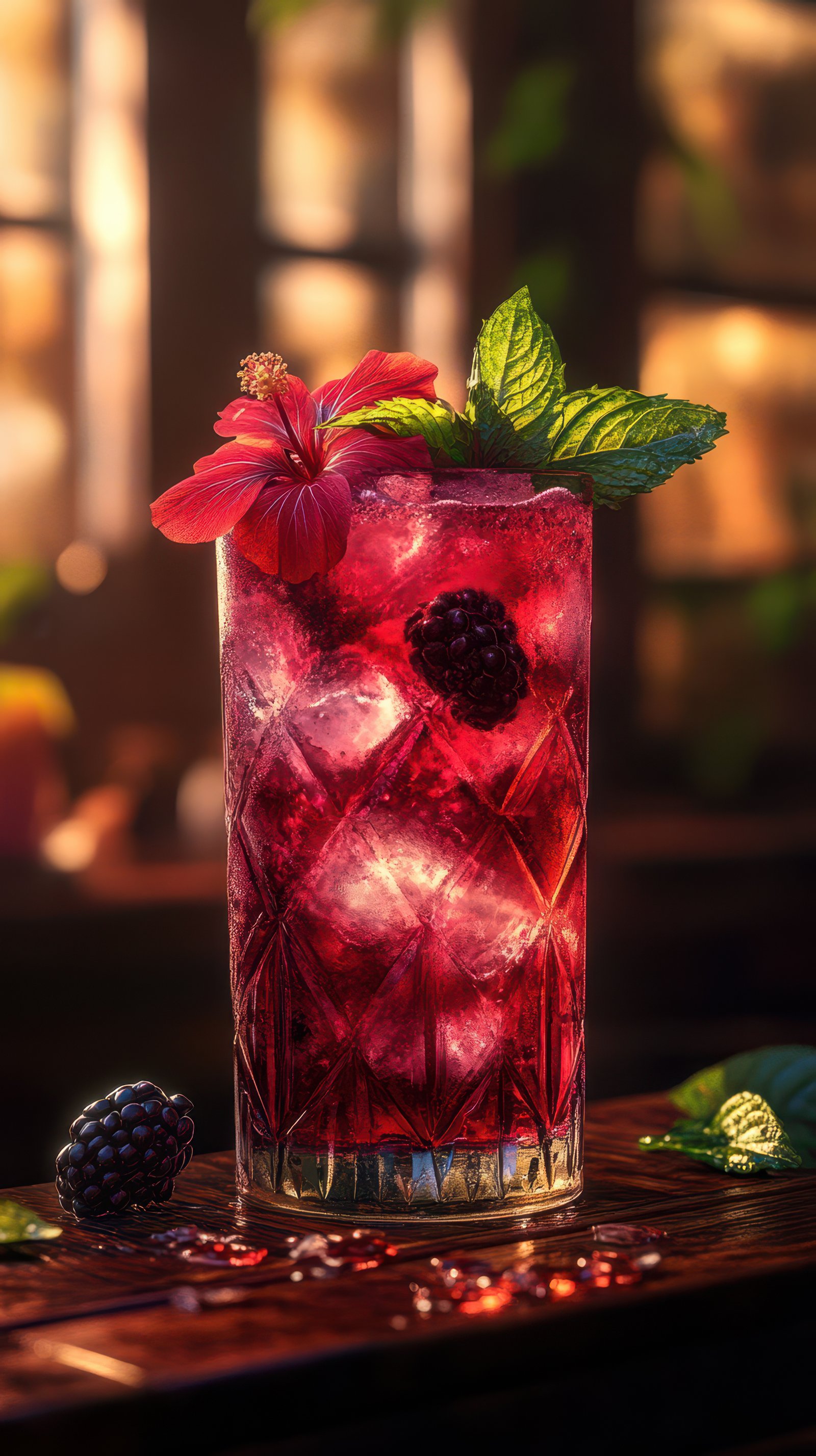 Refreshing summer beverage featuring fresh berries and floral garnishes in a cozy setting